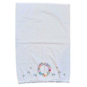 Vintage White Cotton Hand-Embroidered Pillowcase Floral Wreath Lace Trim Single